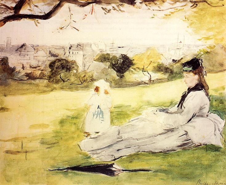 Woman and Child Seated in a Meadow, 1871 - 貝爾特·莫里索