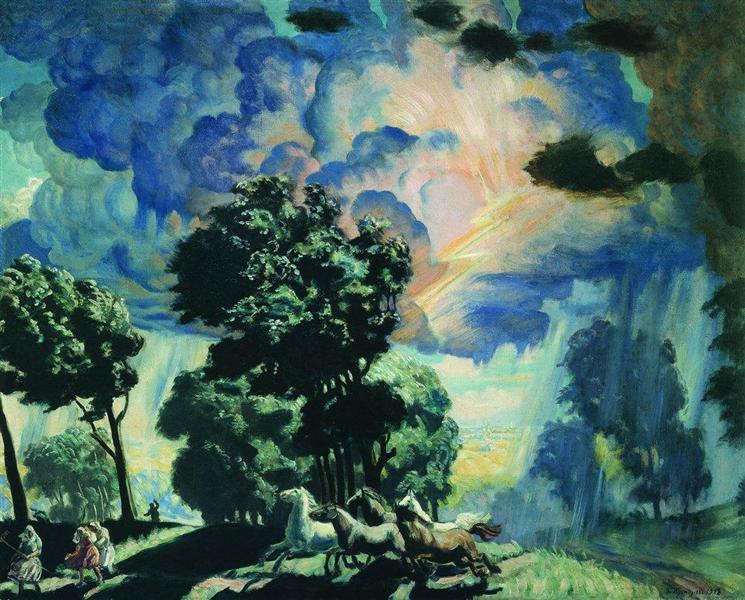 Horses in the storm, 1918 - Boris Michailowitsch Kustodijew