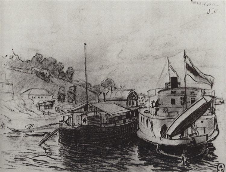 Kineshma. Steamer at the pier, 1906 - Борис Кустодієв