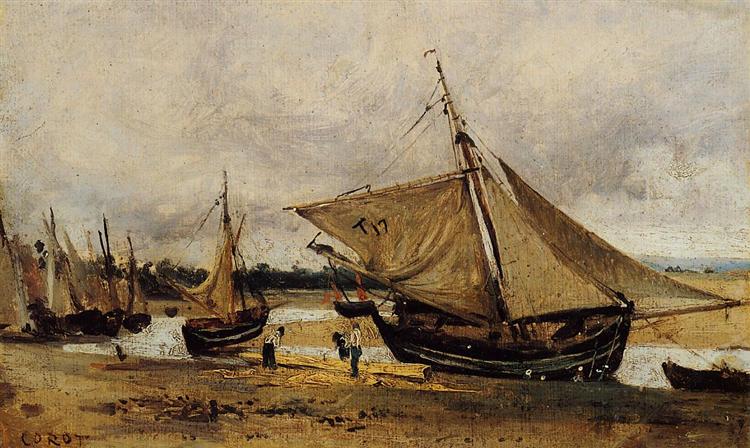 Рыбацкие лодки на берегу канала, c.1830 - Камиль Коро