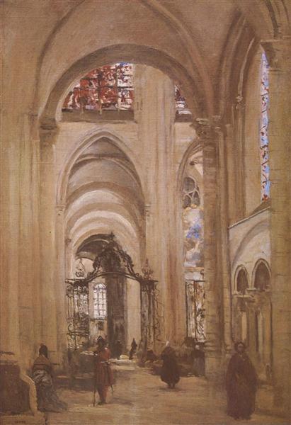 Interior of the Cathedral of St. Etienne, Sens, c.1874 - 柯洛