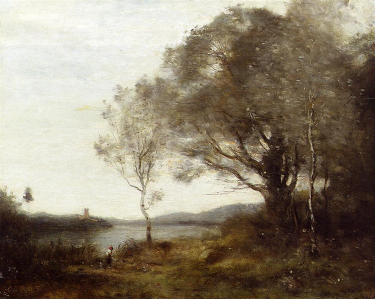 Прогуливаясь вдоль берега пруда, c.1865 - Камиль Коро