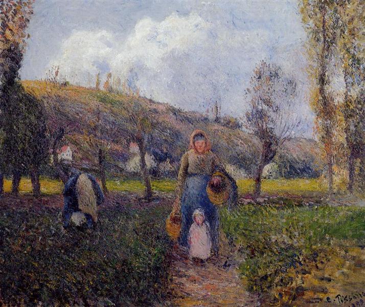 Peasant Woman and Child Harvesting the Fields, Pontoise, 1882 - Camille Pissarro