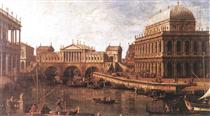 Capriccio : une architecture palladienne pour le pont du Rialto, avec des bâtiments de Vicence - Canaletto