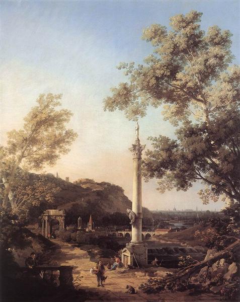 Capriccio : paysage de rivière avec une colonne, c.1754 - Canaletto