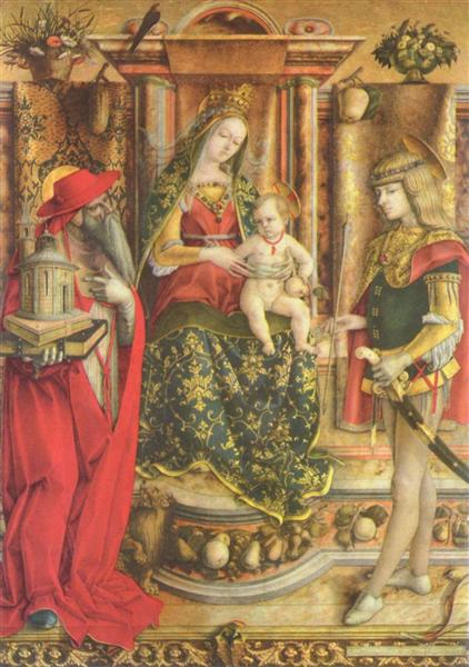 Enthroned Madonna, Saint Jerome, and St. Sebastian, 1490 - 卡羅·克里韋利