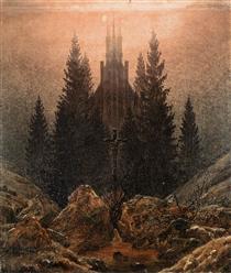 Croix et cathédrale dans la montagne - Caspar David Friedrich