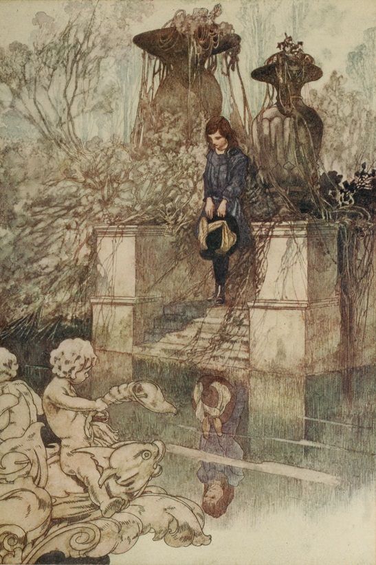 Mary Lennox standing at the edge of the fountain