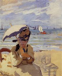 Camille Sitting on the Beach at Trouville - 莫內