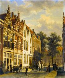 Figures in the Sunlit Streets of a Dutch Town - Cornelis Springer