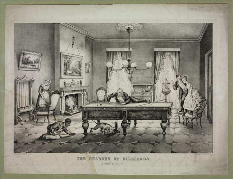 The chances of billiards. A scratch all around, 1869 - Currier and Ives
