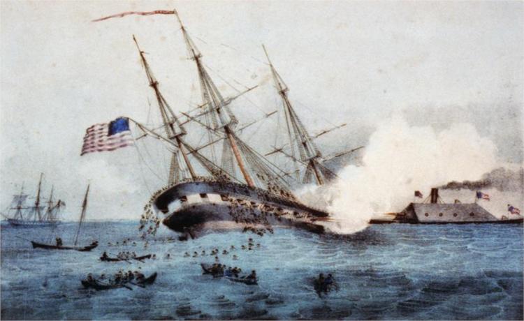 The sinking of the 'Cumberland' by the iron clad 'Merrimac', off Newport News Va. March 8th 1862, 1862 - Currier and Ives