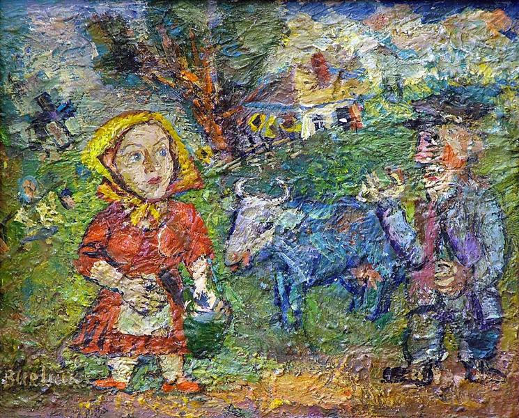 A peasant couple with cow and geese - David Burliuk