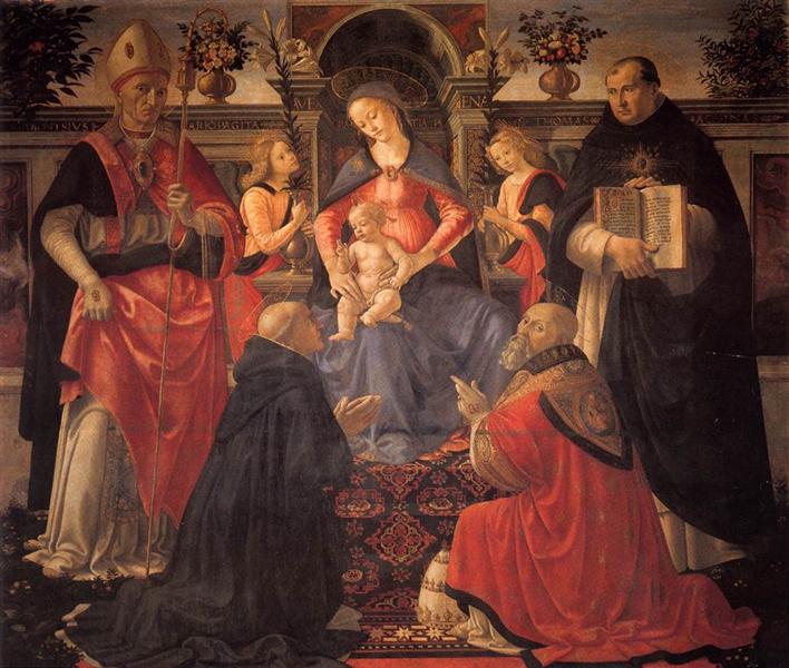 Madonna and Child enthroned with St. Dionysius, Aeropagita, Domenic, Clement and Thomas Aquinas, c.1486 - Доменіко Гірляндайо