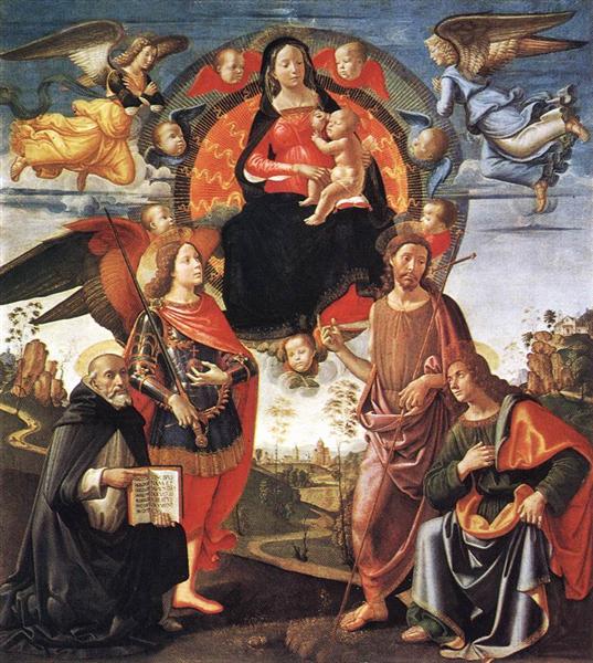 Maria mit Kind, den heiligen Dominikus, Johannes dem Täufer und Johannes Evangelista, c.1490 - Domenico Ghirlandaio