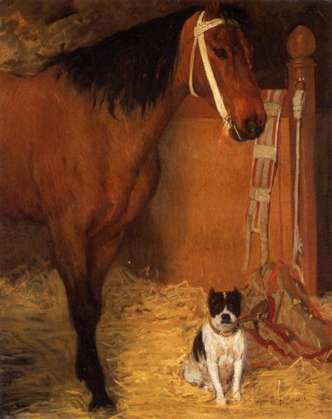 В конюшне. Лошадь и собака, c.1861 - Эдгар Дега