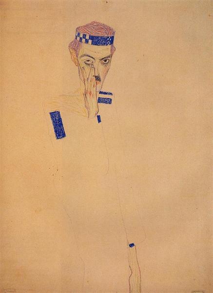 Man with Blue Headband and Hand on Cheek, 1909 - 席勒
