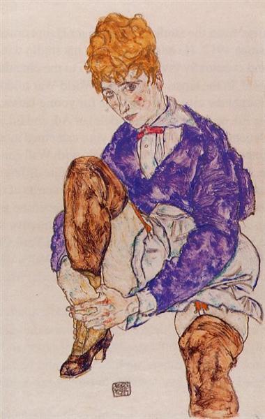 Портрет дружини художника сидить, тримаючись за праву ногу, 1917 - Егон Шиле