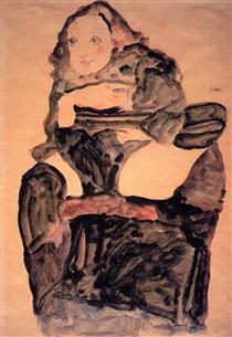 Seated Girl with Raised Left Leg - Egon Schiele
