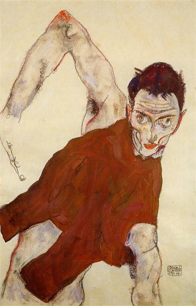 Self portrait in a jerkin with right elbow raised, 1914 - 席勒