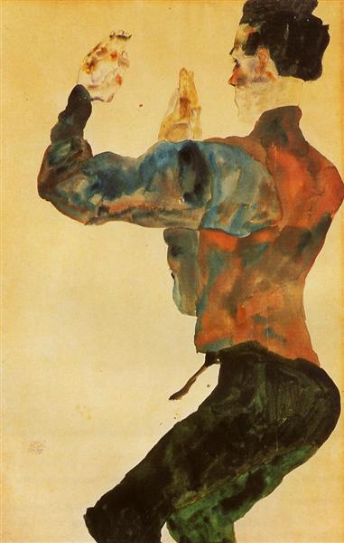 Self Portrait with Raised Arms, Back View, 1912 - Egon Schiele