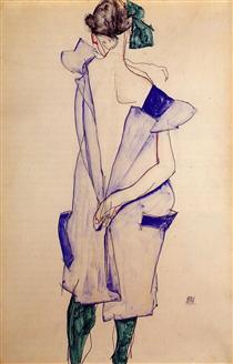 Standing Girl in a Blue Dress and Green Stockings, Back View - Egon Schiele