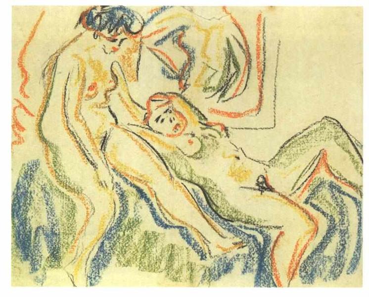 Two Female Nudes at a Couch - Эрнст Людвиг Кирхнер