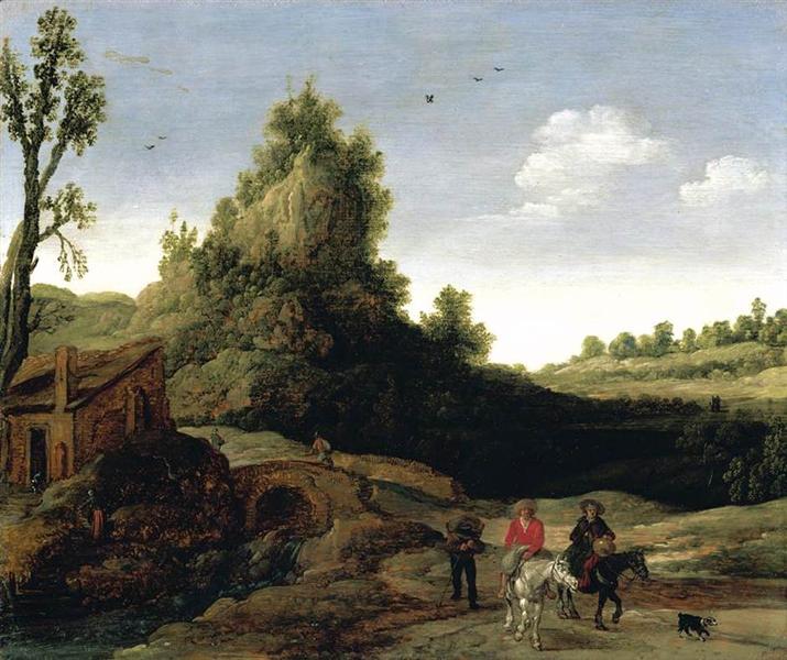 A landscape with travellers crossing a bridge before a small dwelling, 1622 - Есайас ван де Вельде