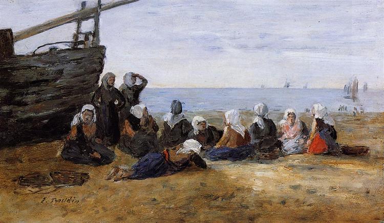 Berck, Group of Fishwomen Seated on the Beach - Ежен Буден