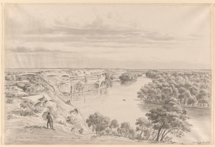 The River Murray and its limestone cliffs three miles above Moorundi, south view, 1858 - Eugene von Guerard