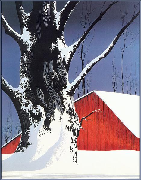 Red Barn and Tree Snow, 1976 - Eyvind Earle