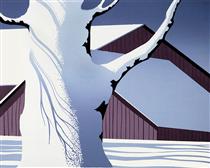 Red Barn and Tree Trunk - Eyvind Earle