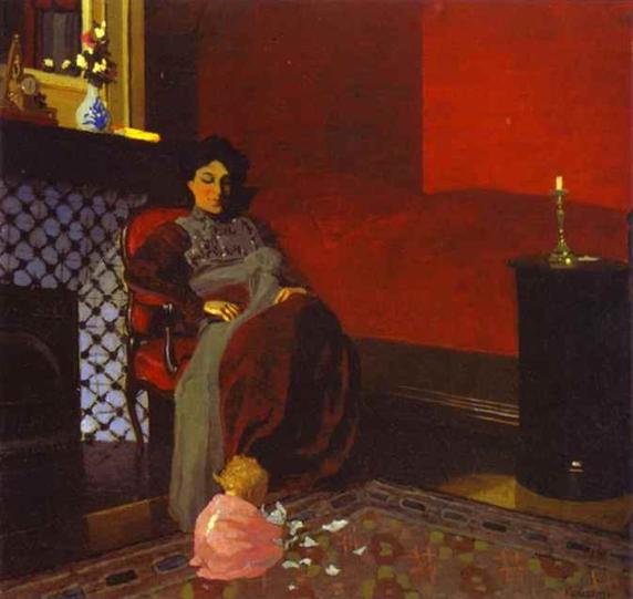 Interior Red Room with Woman and Child, 1899 - Феликс Валлотон