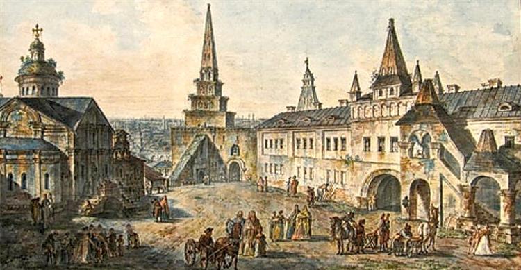 Church of St. John the Baptist, Borovitskaya tower and Stablings prikaz (department) in the Kremlin, c.1805 - Fjodor Jakowlewitsch Alexejew