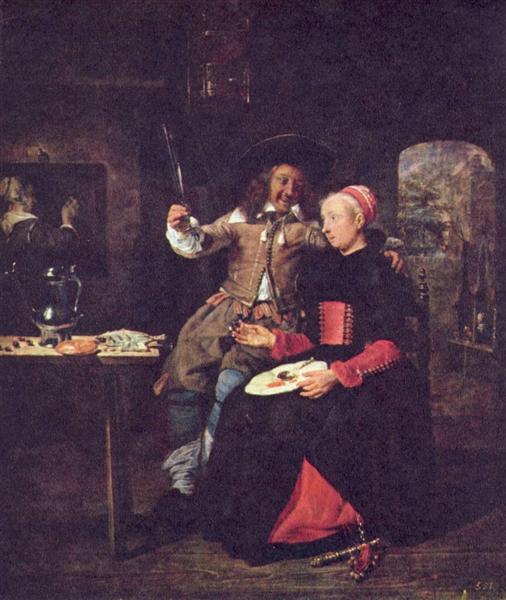 Portrait of the Artist with his Wife Isabella de Wolff in a Tavern, 1661 - Габриель Метсю