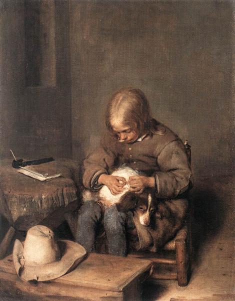 The Flea-Catcher (Boy with his Dog), c.1655 - Герард Терборх
