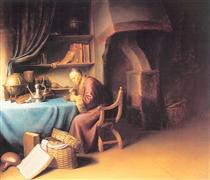 An Old Man Lighting his Pipe in a Study - Герард Доу