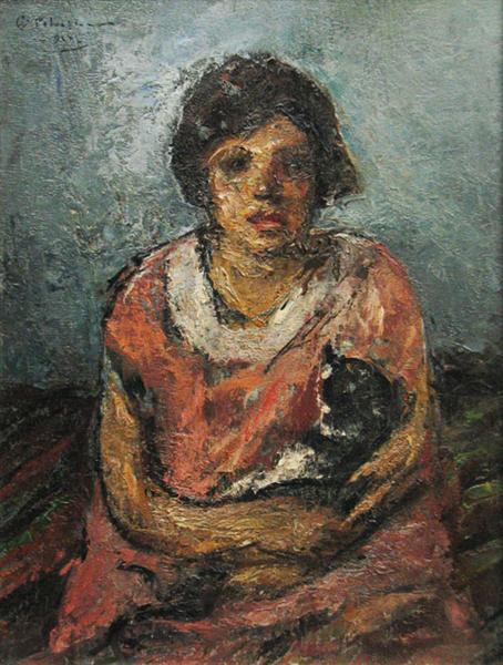 Girl With Cat - Gheorghe Petrascu