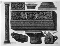A frieze with architrave, column, two capitals, a bed, a shelf and two terracotta - Giovanni Battista Piranesi
