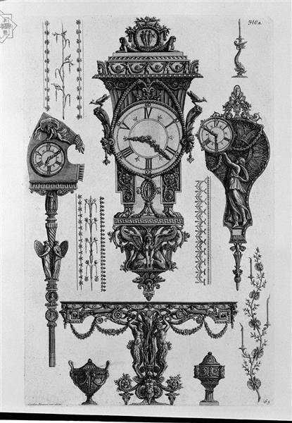 A table on the wall with two Satyrs, a pndola, two watches, two vases, candlesticks wall and table ornaments - 皮拉奈奇