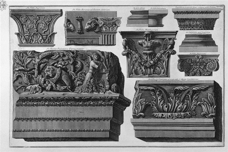 Capitals and friezes (Farnese Gardens, Roman Villas) - Giovanni Battista Piranesi