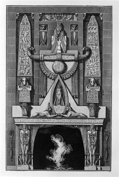 Egyptian-style fireplace, on the floor between two obelisks and a number of decorative elements, two sphinxes crouching, and among them a naked figure standing - Giovanni Battista Piranesi