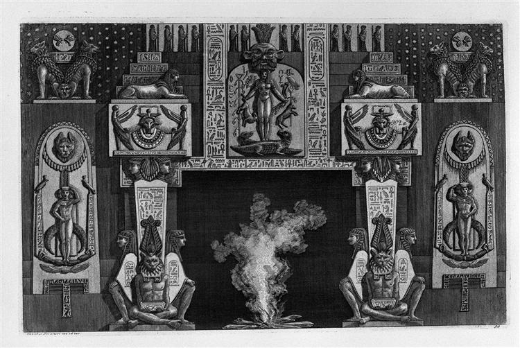 Fireplace Egyptian-style: three seated figures on each side - Giovanni Battista Piranesi