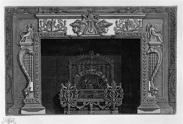 Fireplace with a large ornate metal wing - Giovanni Battista Piranesi