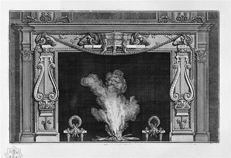 Fireplace with two large lire on the sides, and four rams` heads in the frieze - Giovanni Battista Piranesi