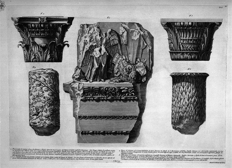 Fragment of an architrave and frieze, capitals of columns and pieces - Джованні Баттіста Піранезі