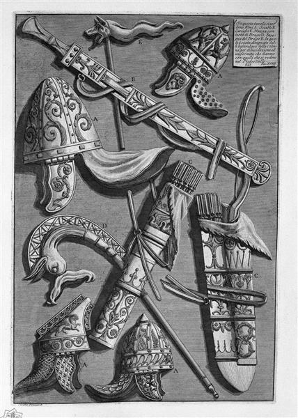 Helmets, dagger, quivers, poker, signs (from the pedestal of the Column of Trajan) - Джованні Баттіста Піранезі
