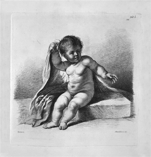 Cherub sitting in the act of covering, by Guercino - Джованні Баттіста Піранезі