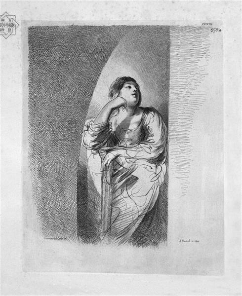 Half figure of seated woman, her face resting on his right hand, by Guercino - Giovanni Battista Piranesi