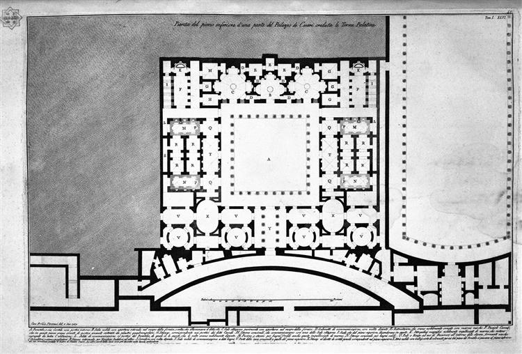 The Roman antiquities, t. 1, Plate XLV. Plan of upper floor of the Caesars Palace de `d` home `s believed Augustus (Drawing and inc. By Francesco Piranesi), 1756 - Giovanni Battista Piranesi